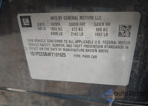 2015 Chevrolet Cruze Lt from USA, damaged, VIN 1G1PC5SB4F7101925